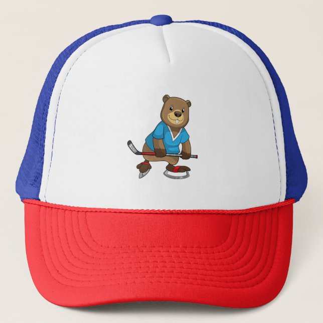 Beaver at Ice hockey with Ice hockey stick Trucker Hat (Front)