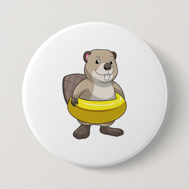 Beaver at Swimming with Swim ring Button (Front)