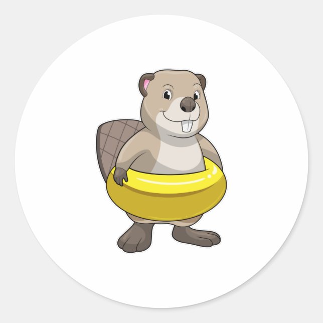 Beaver at Swimming with Swim ring Classic Round Sticker (Front)