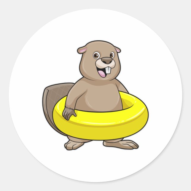 Beaver at Swimming with Swim ring Classic Round Sticker (Front)