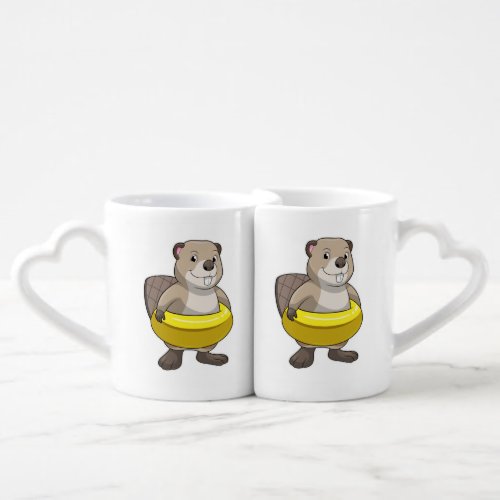 Beaver at Swimming with Swim ring Coffee Mug Set