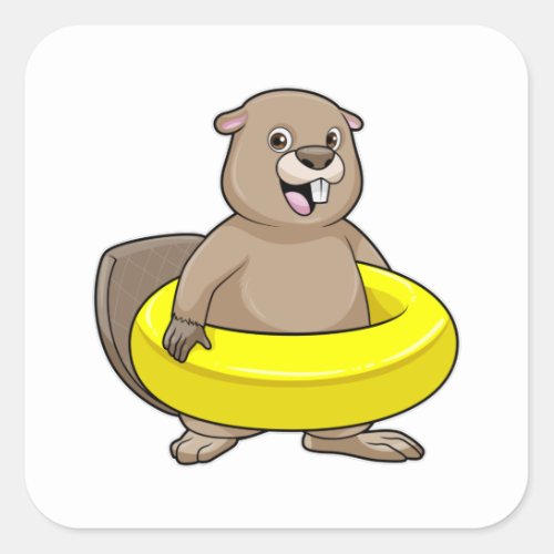 Beaver at Swimming with Swim ring Square Sticker