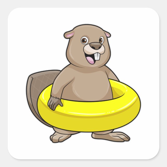 Beaver at Swimming with Swim ring Square Sticker (Front)