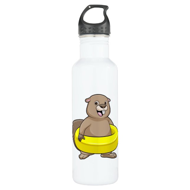 Beaver at Swimming with Swim ring Stainless Steel Water Bottle (Front)