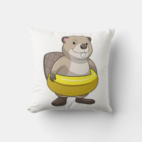 Beaver at Swimming with Swim ring Throw Pillow