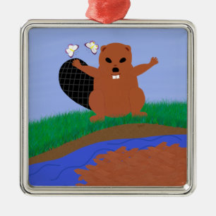 Beaver Building Dam Cartoon Art Metal Ornament