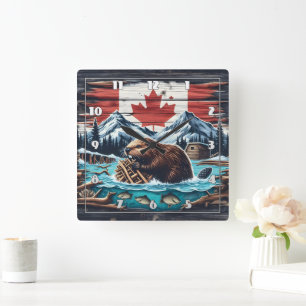 Beaver Building Dam in Canadian Wilderness Scene Square Wall Clock