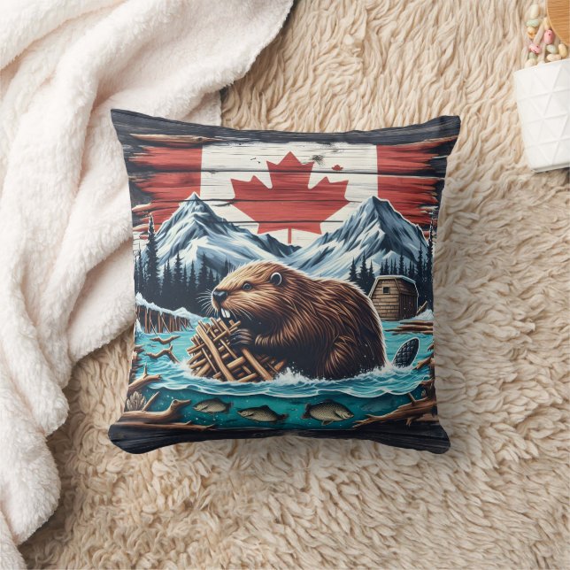 Beaver Building Dam in Canadian Wilderness Scene Throw Pillow (Blanket)