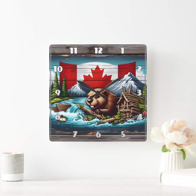 Beaver Building Dam Near Canadian Flag Square Wall Clock (Home)