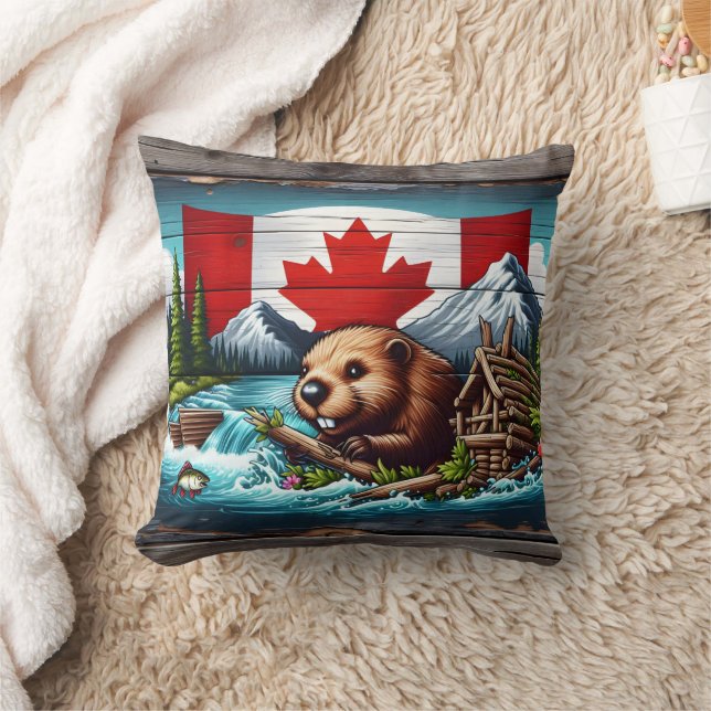 Beaver Building Dam Near Canadian Flag Throw Pillow (Blanket)