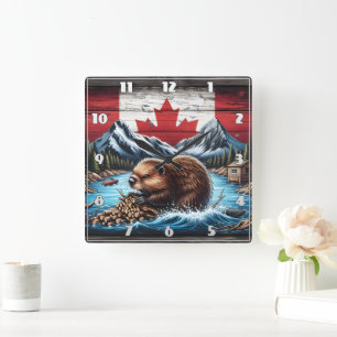 Beaver Building Dam With Canadian Flag Background Square Wall Clock