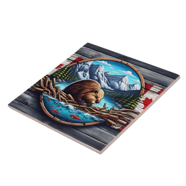 Beaver Building Lodge by Mountain Lake in Canada Ceramic Tile (Side)