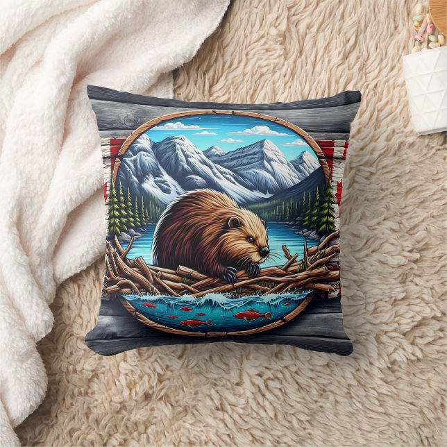 Beaver Building Lodge by Mountain Lake in Canada Throw Pillow (Blanket)