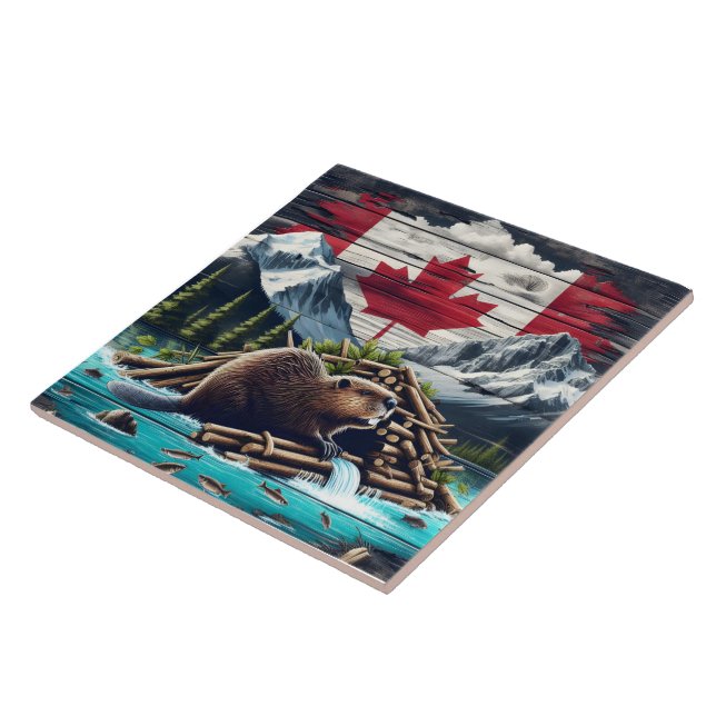 Beaver Building Lodge Near Canadian Flag at Dusk Ceramic Tile (Side)