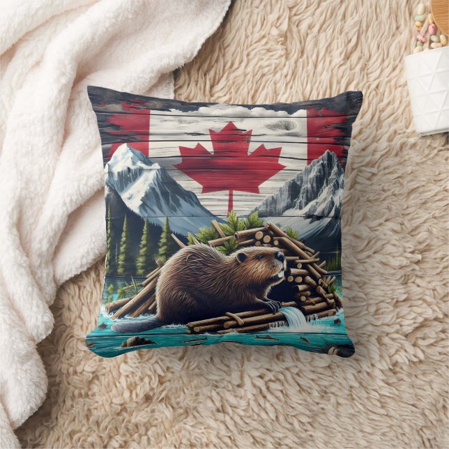 Beaver Building Lodge Near Canadian Flag at Dusk Throw Pillow (Blanket)