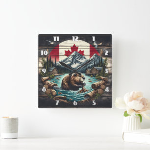 Beaver Building Lodge Near Canadian Wilderness Square Wall Clock