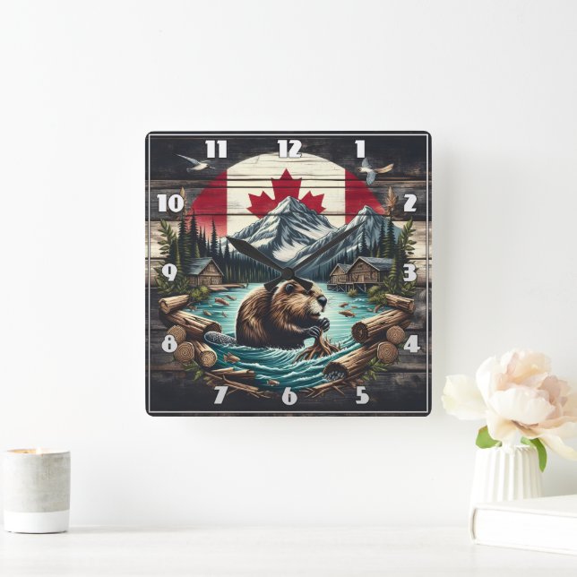 Beaver Building Lodge Near Canadian Wilderness Square Wall Clock (Home)