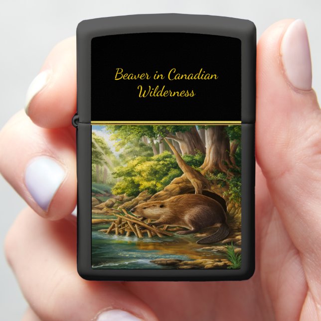 Beaver Builds By The Stream Zippo Lighter (In Hand)