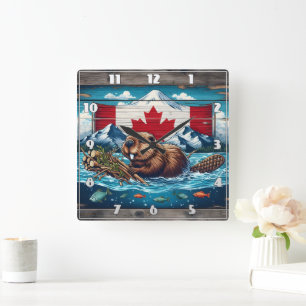 Beaver Builds Lodge, Flag Behind Square Wall Clock