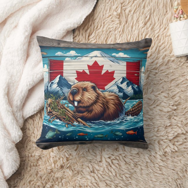 Beaver Builds Lodge, Flag Behind Throw Pillow (Blanket)