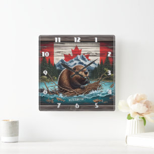 Beaver by Mountain, Canadian Flag Square Wall Clock