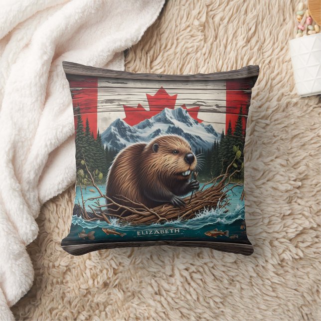 Beaver by Mountain, Canadian Flag Throw Pillow (Blanket)