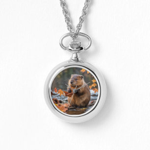 Beaver by river watch necklace