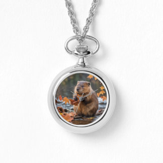 Beaver by river watch necklace