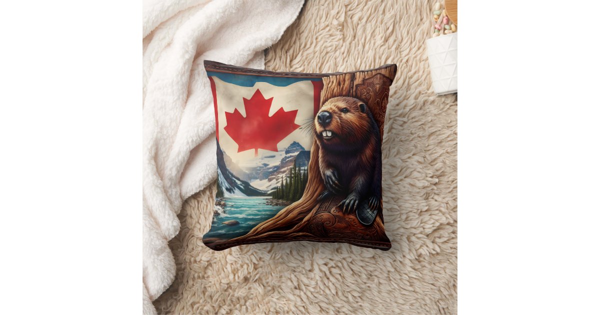 Beaver By River With Canadian Flag Throw Pillow Zazzle beaver-by-river-with-canadian-flag-throw-pillow-zazzle