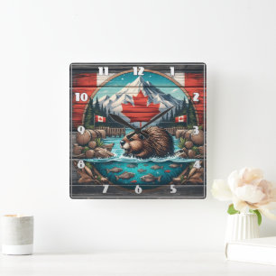 Beaver by Tree, Canadian Pride Square Wall Clock