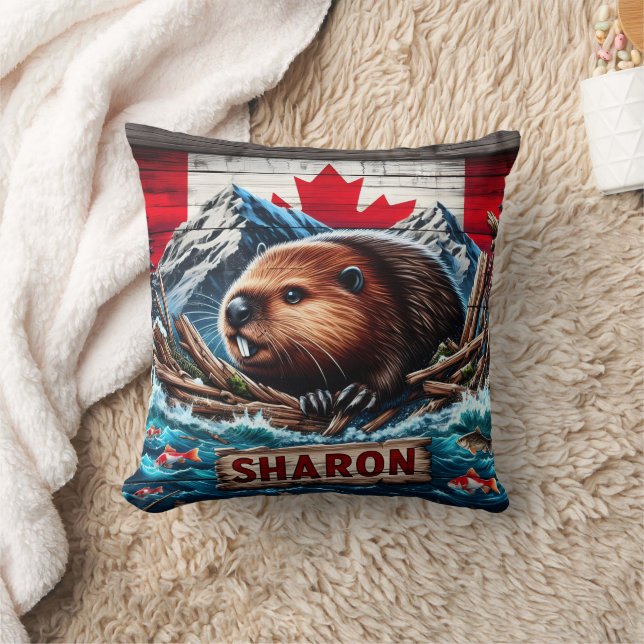 Beaver by Water With Canadian Flag Throw Pillow (Blanket)