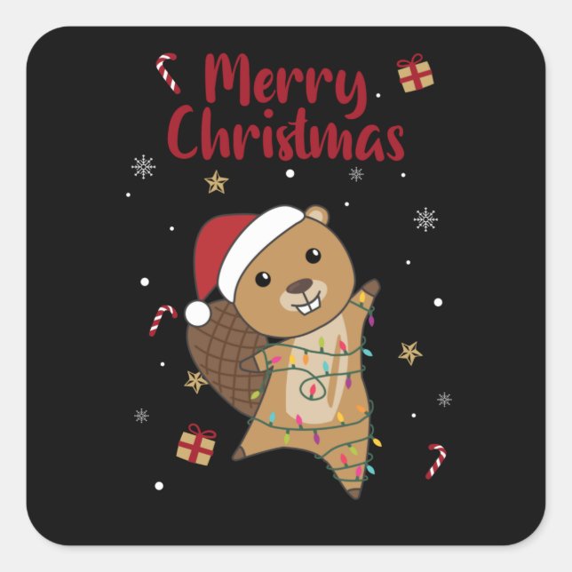 Beaver Cheerful Christmas Winter Animals Beavers Square Sticker (Front)
