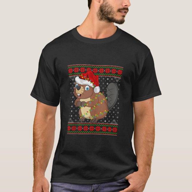 Beaver Christmas Lights Ugly Sweater Style Santa B (Front)