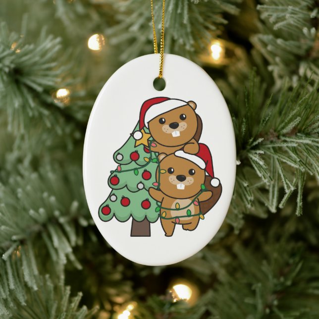 Beaver Christmas Tree Christmas Animals Beavers Ceramic Ornament (Tree)