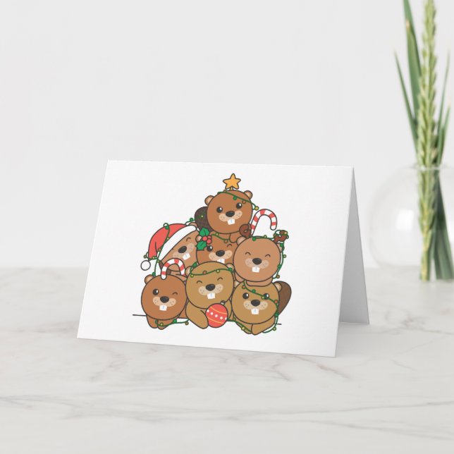 Beaver Christmas Tree Funny Animal Christmas Holid Holiday Card (Front)