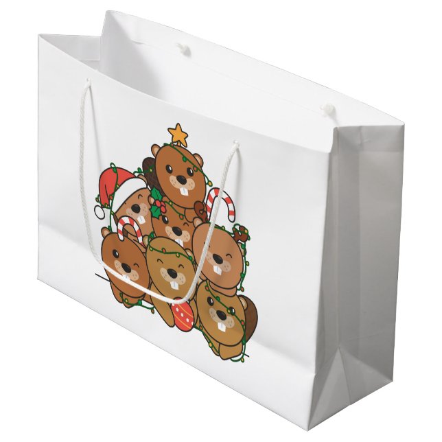 Beaver Christmas Tree Funny Animal Christmas Large Gift Bag (Front Angled)