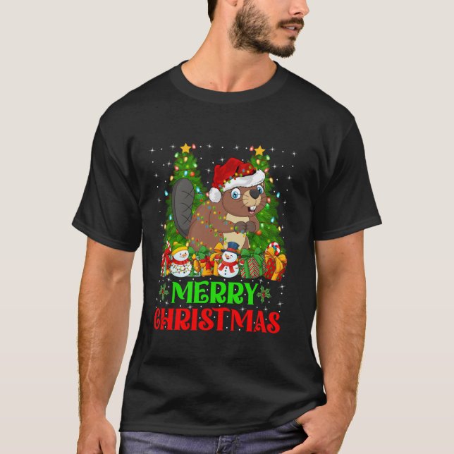Beaver Christmas Tree Lights Holiday Santa Beaver  T-Shirt (Front)