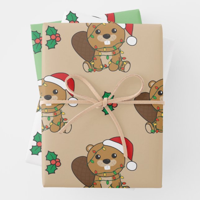 Beaver Christmas Winter Animals Holiday Beavers Wrapping Paper Sheets (In situ)