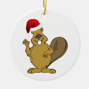 Beaver cute santa hat ceramic ornament
