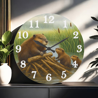 Beaver family in wetland haven large clock