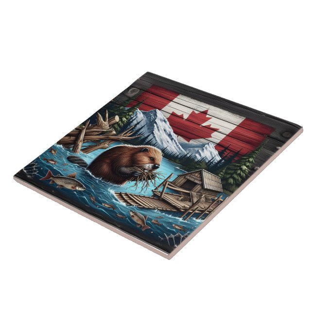 Beaver Gathering Branches Near Canadian Mountains Ceramic Tile (Side)