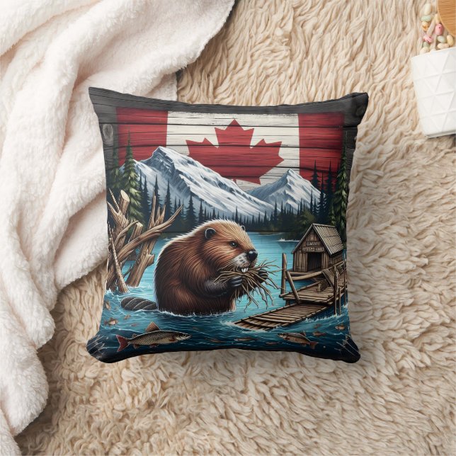 Beaver Gathering Branches Near Canadian Mountains Throw Pillow (Blanket)