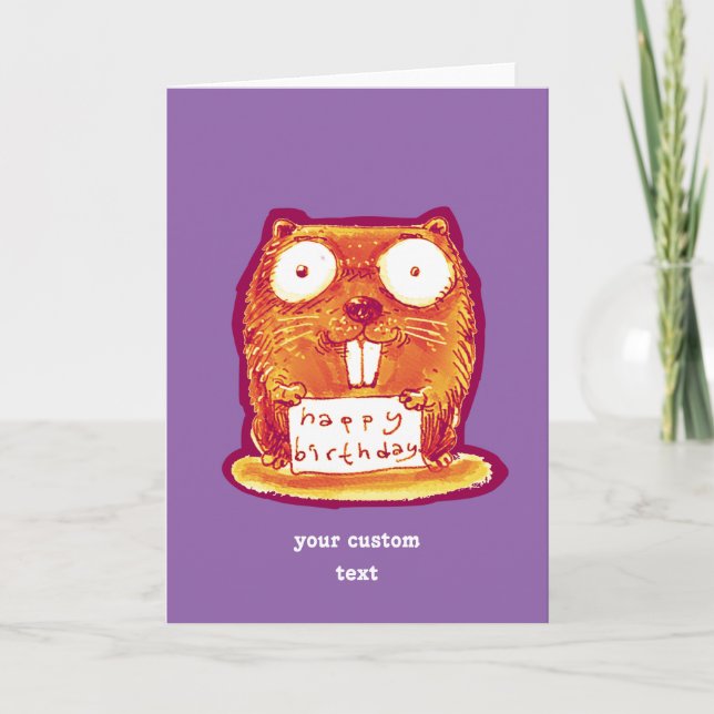 beaver holds happy birthday message cartoon card (Front)