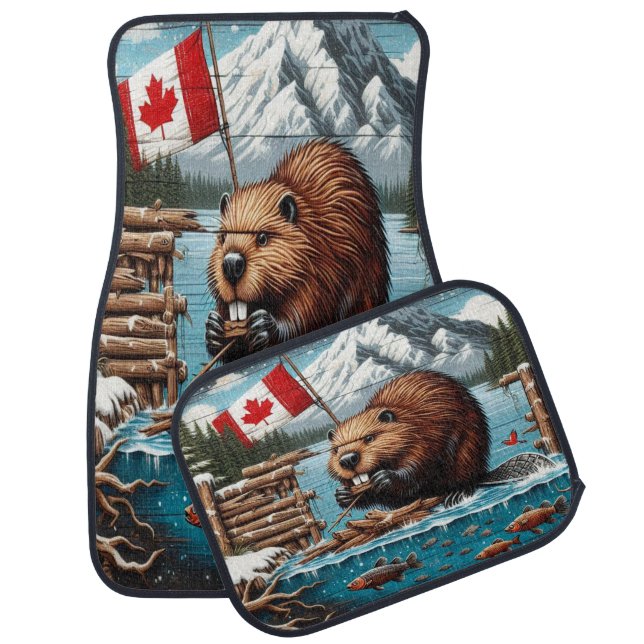 Beaver in a Canadian Alpine Scene Car Floor Mat (Set)