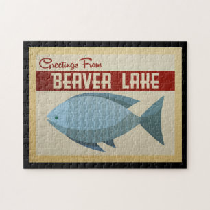 Beaver Lake Jigsaw Puzzle Blue Fish Vintage