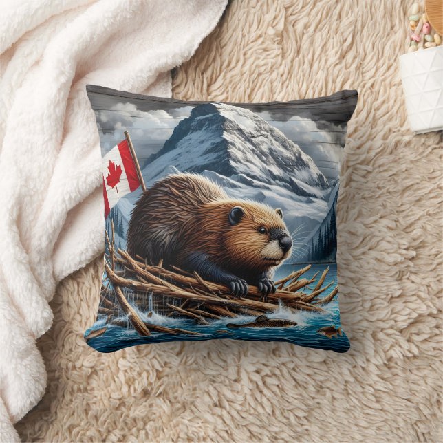 Beaver Lodge by Snowy Mountains Throw Pillow (Blanket)