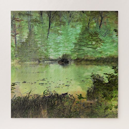 Beaver Lodge II Digitally Transformed Forest Pond Jigsaw Puzzle