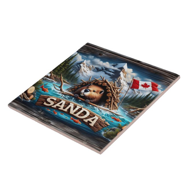 Beaver, Mountain, Flag, Blue Ocean Ceramic Tile (Side)