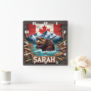 Beaver, Mountain, Flag, Blue Ocean Square Wall Clock