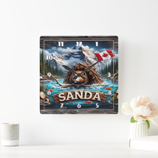 Beaver, Mountain, Flag, Blue Ocean Square Wall Clock (Home)
